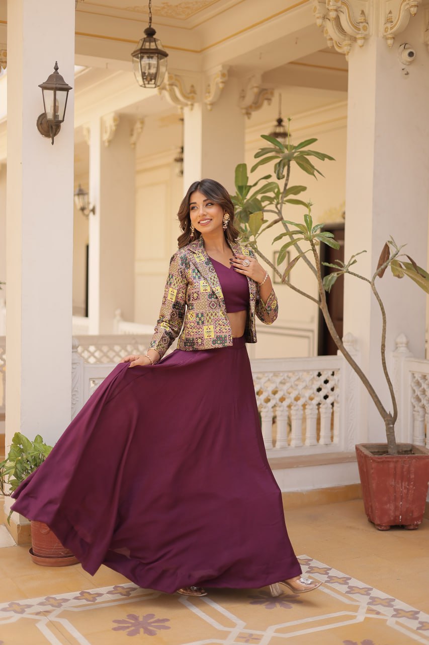 Stylish Chinon Fully Stitched Designer Lehenga Choli Koti Set - Ethnicwish