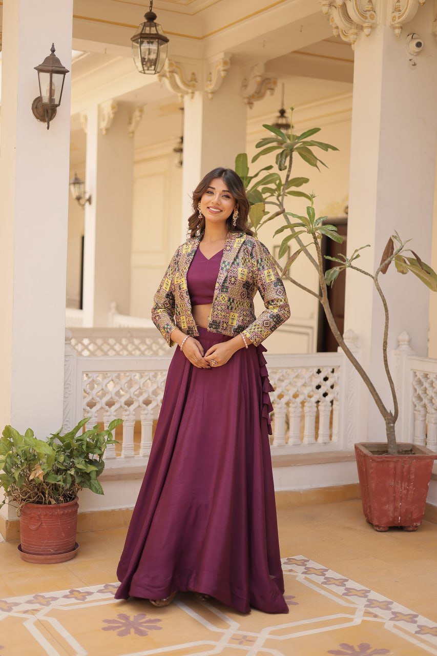 Stylish Chinon Fully Stitched Designer Lehenga Choli Koti Set - Ethnicwish