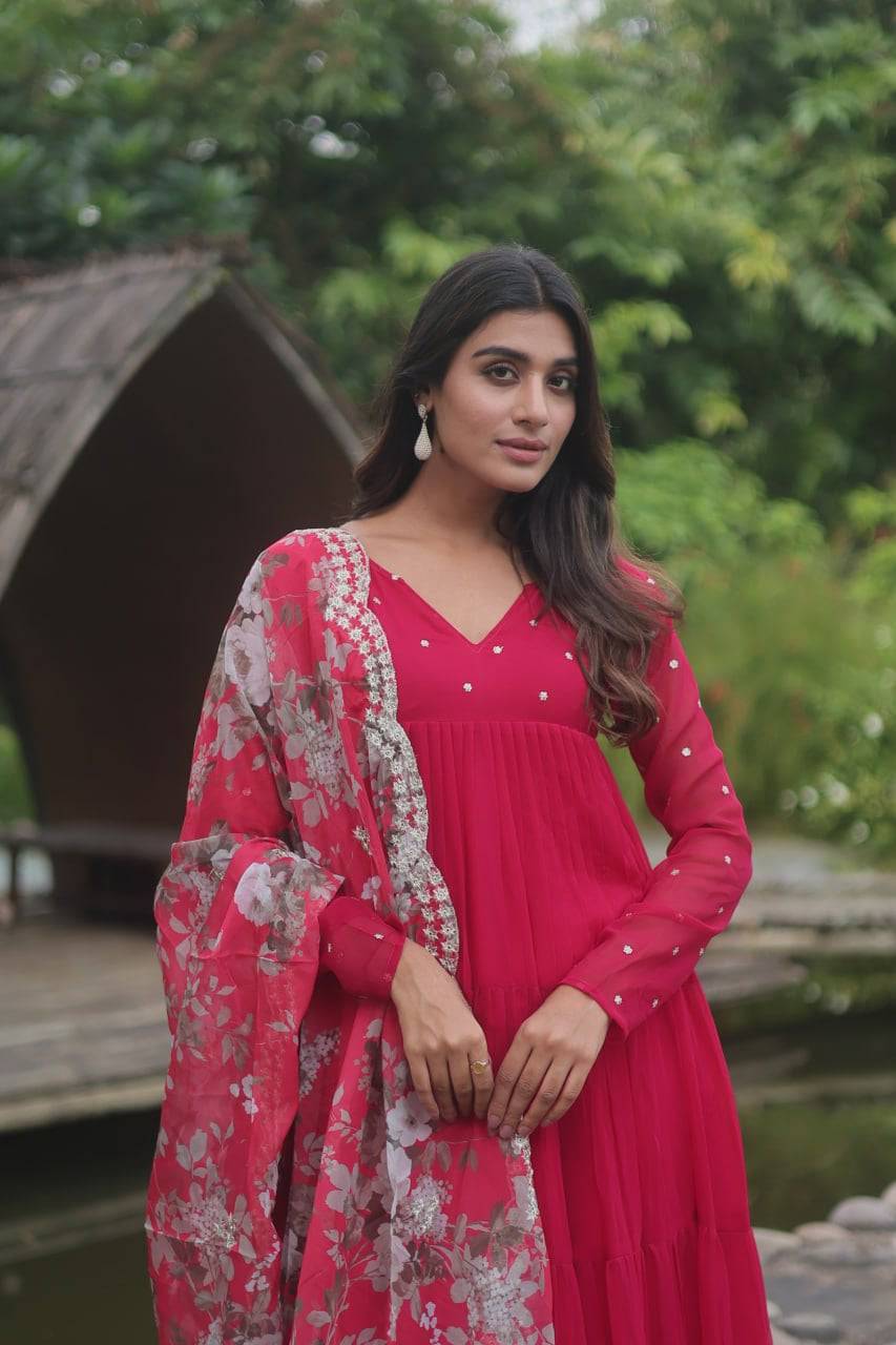 Lighthearted Faux Georgette Butti Worked Anarkali Pant Suit - Ethnicwish