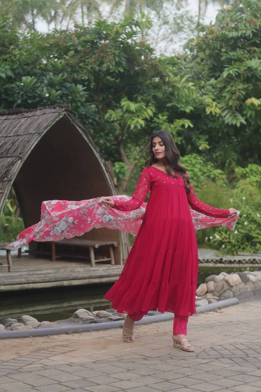 Lighthearted Faux Georgette Butti Worked Anarkali Pant Suit - Ethnicwish