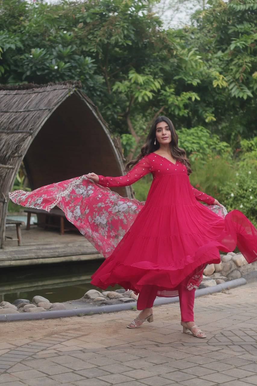 Lighthearted Faux Georgette Butti Worked Anarkali Pant Suit - Ethnicwish