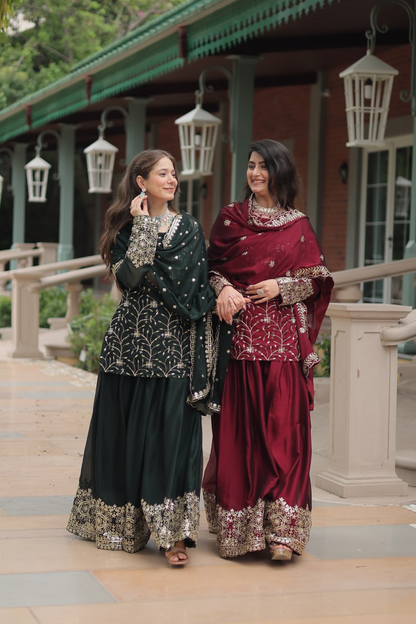 Alluring Rangoli Silk Sequins Thread Worked Top Palazzo Suit - Ethnicwish