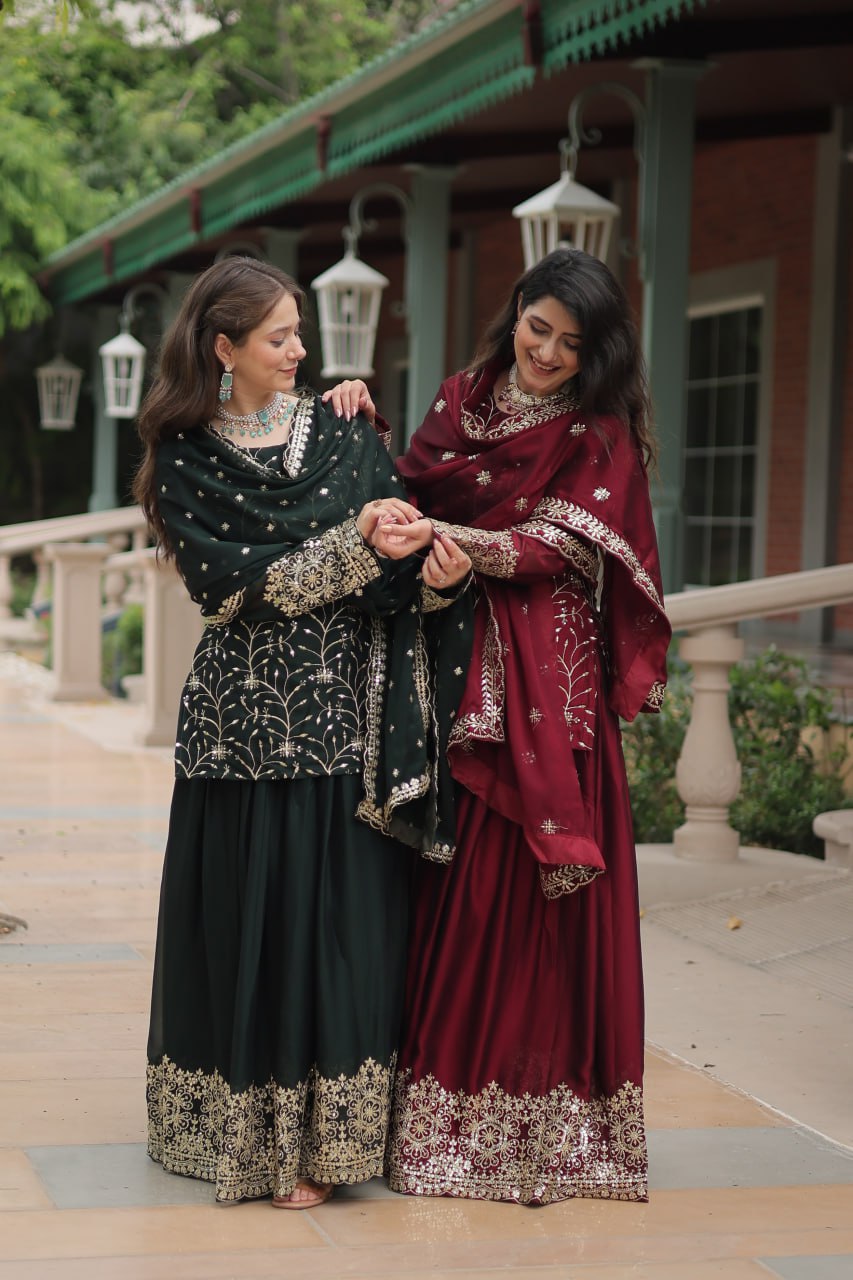 Alluring Rangoli Silk Sequins Thread Worked Top Palazzo Suit - Ethnicwish