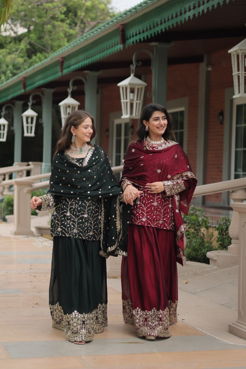 Alluring Rangoli Silk Sequins Thread Worked Top Palazzo Suit - Ethnicwish