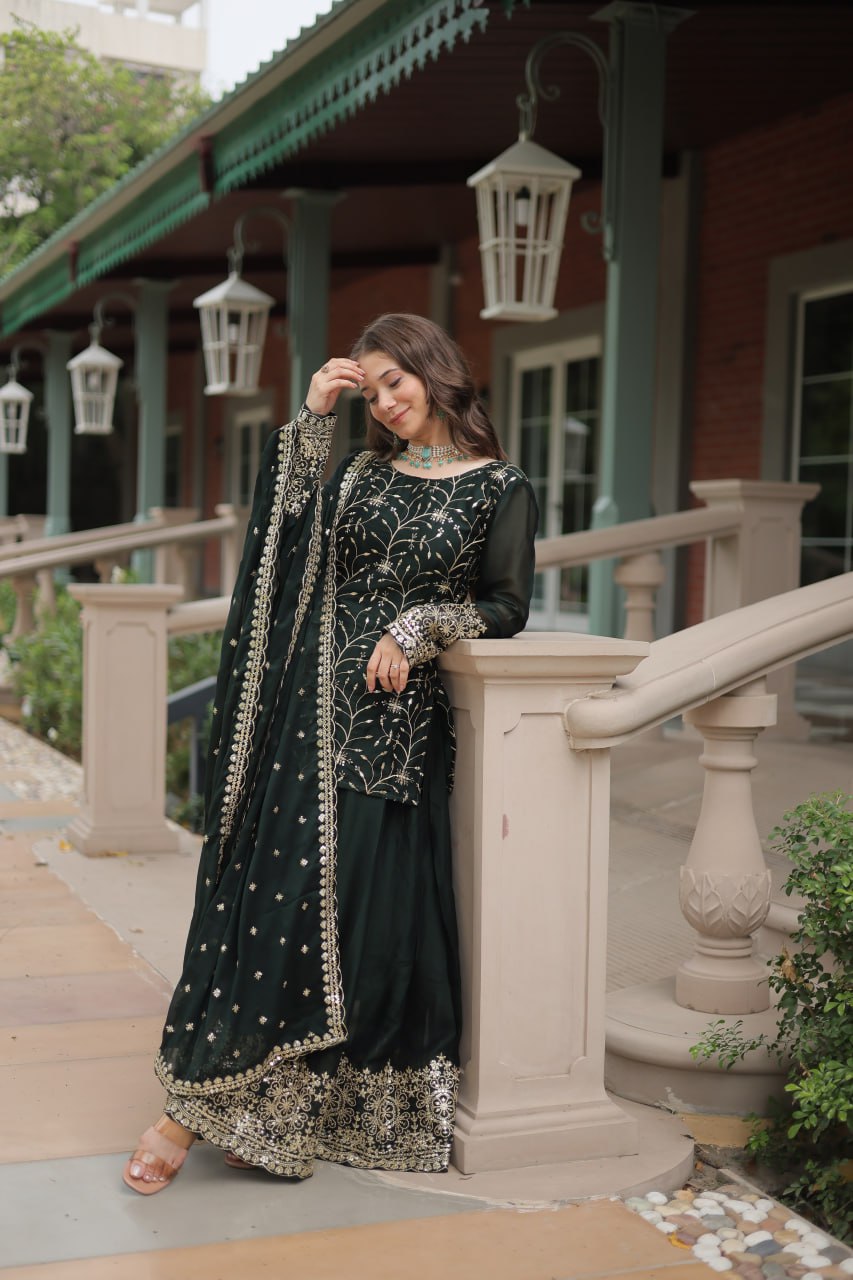 Alluring Rangoli Silk Sequins Thread Worked Top Palazzo Suit - Ethnicwish