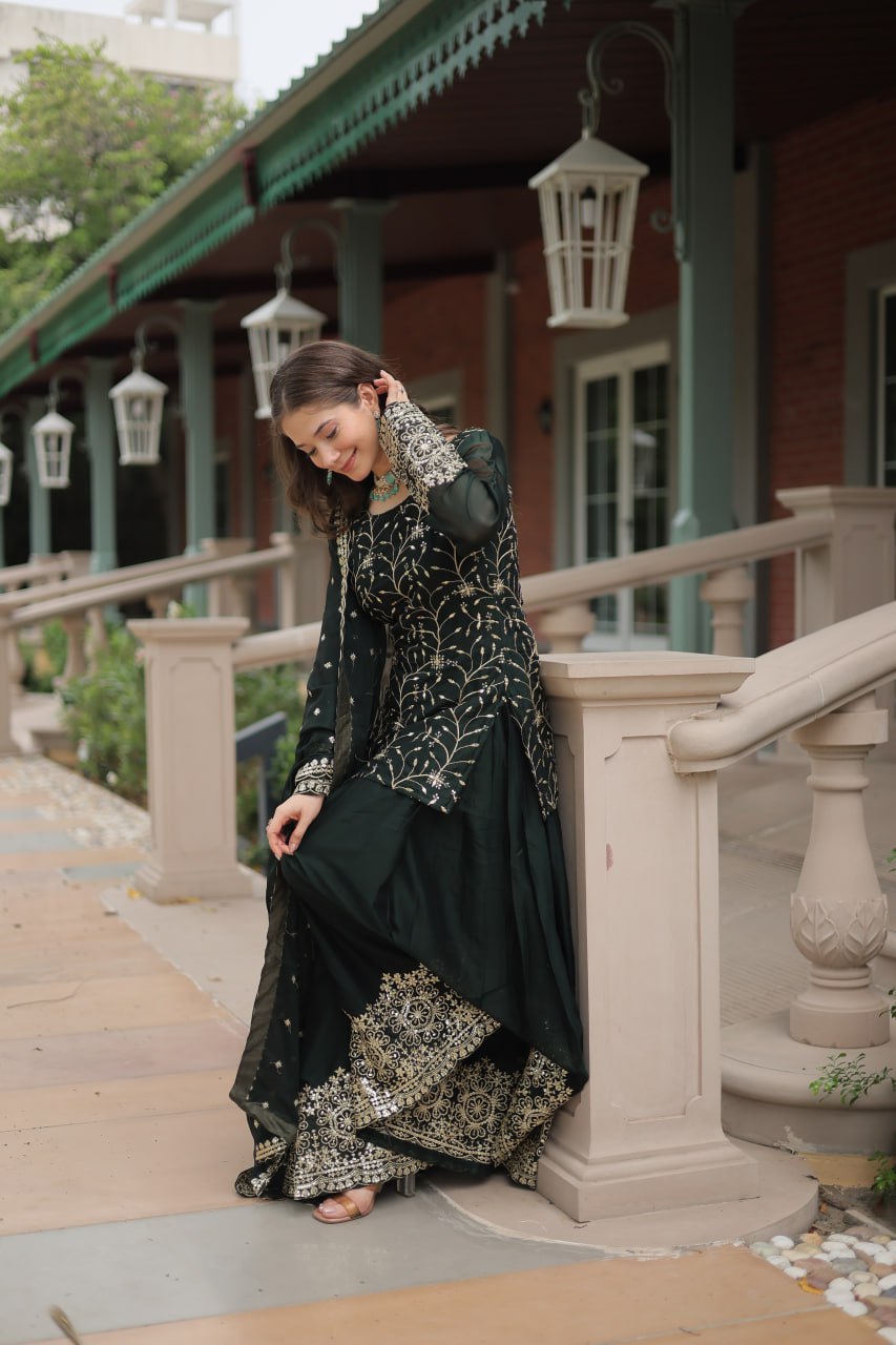 Alluring Rangoli Silk Sequins Thread Worked Top Palazzo Suit - Ethnicwish