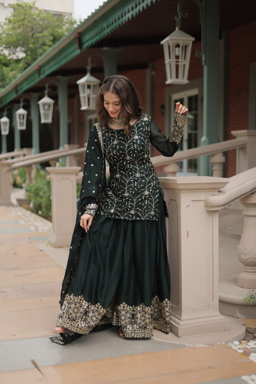 Alluring Rangoli Silk Sequins Thread Worked Top Palazzo Suit - Ethnicwish