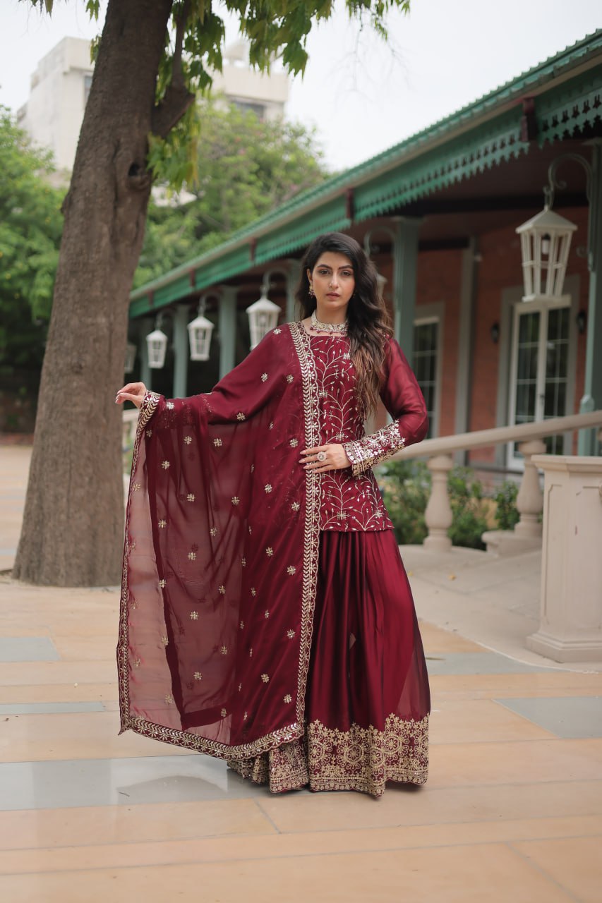 Alluring Rangoli Silk Sequins Thread Worked Top Palazzo Suit - Ethnicwish
