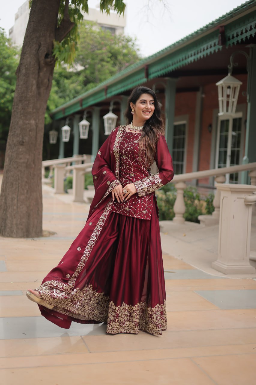 Alluring Rangoli Silk Sequins Thread Worked Top Palazzo Suit - Ethnicwish