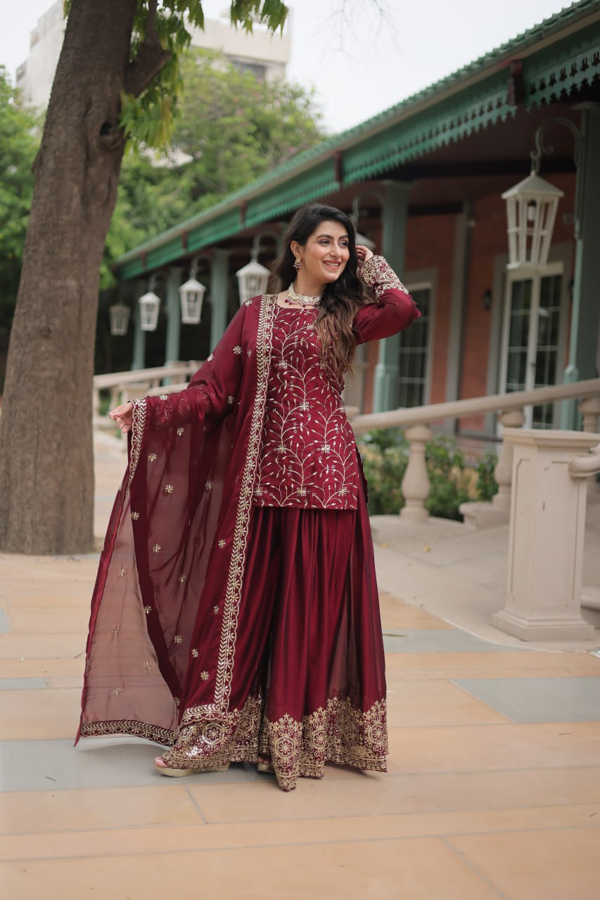 Alluring Rangoli Silk Sequins Thread Worked Top Palazzo Suit - Ethnicwish