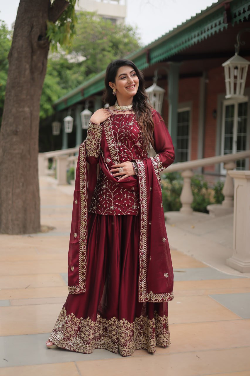 Alluring Rangoli Silk Sequins Thread Worked Top Palazzo Suit - Ethnicwish