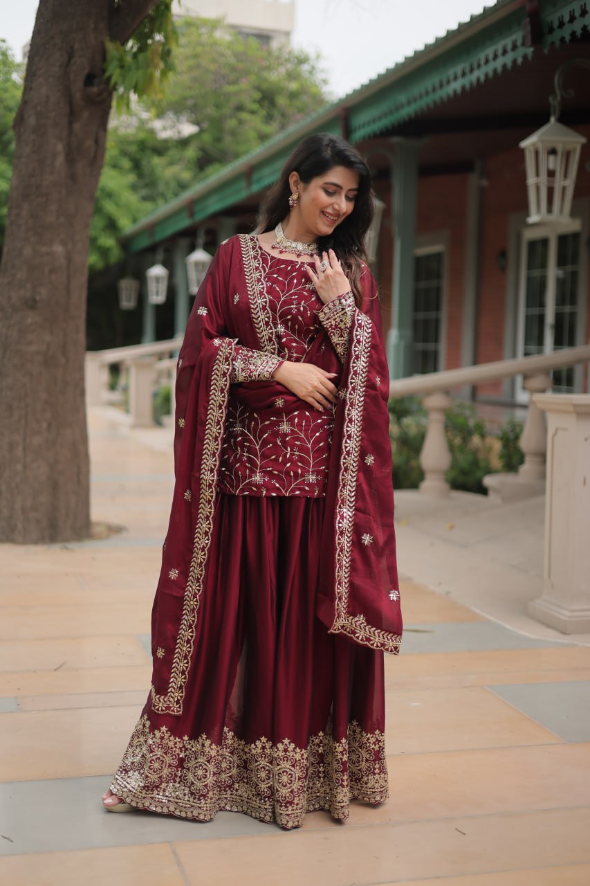Alluring Rangoli Silk Sequins Thread Worked Top Palazzo Suit - Ethnicwish