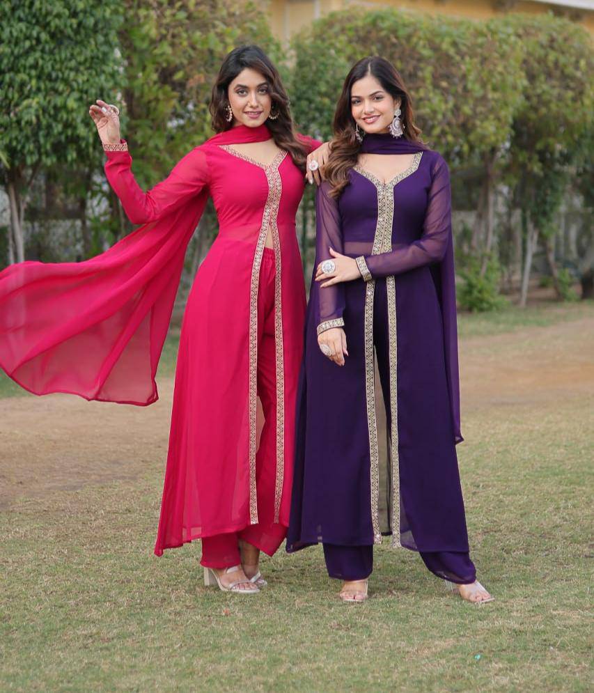 Lovely Faux Georgette Embroidered Slit Cut Top Pant Suit - Ethnicwish