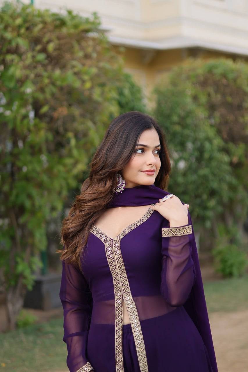 Lovely Faux Georgette Embroidered Slit Cut Top Pant Suit - Ethnicwish