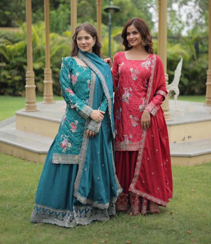 Lovely Chinon Printed Sequins Thread Worked Top Palazzo Suit - Ethnicwish