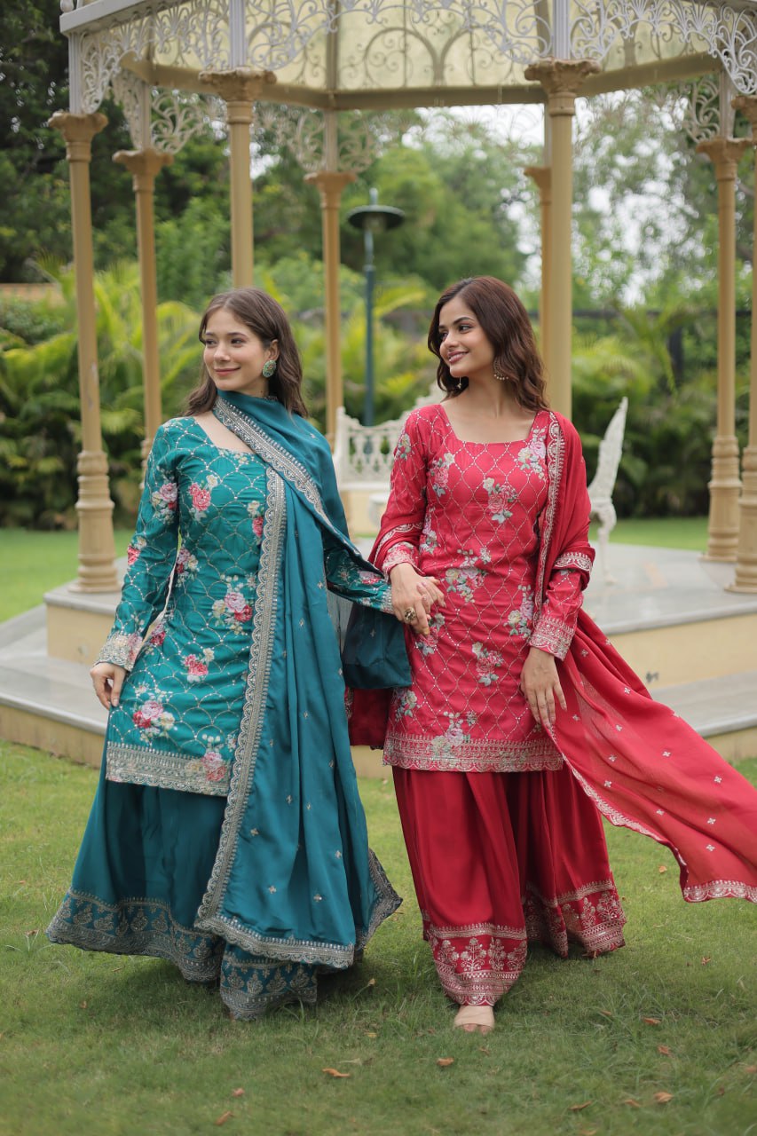 Lovely Chinon Printed Sequins Thread Worked Top Palazzo Suit - Ethnicwish