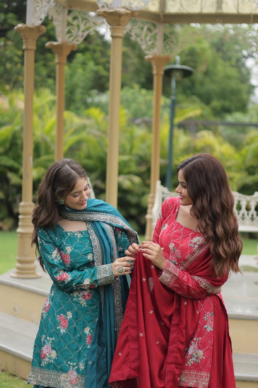 Lovely Chinon Printed Sequins Thread Worked Top Palazzo Suit - Ethnicwish