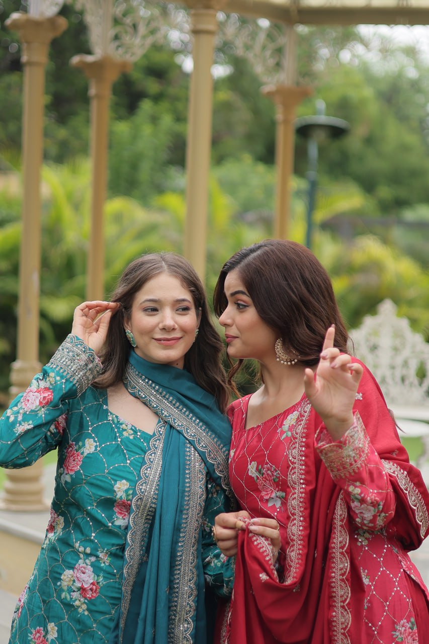 Lovely Chinon Printed Sequins Thread Worked Top Palazzo Suit - Ethnicwish