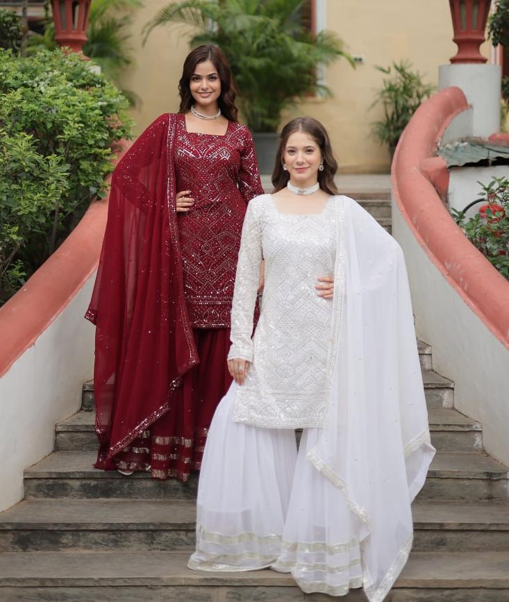 Mesmerizing Faux Georgette Sequins Thread Worked Top Sharara Suit - Ethnicwish