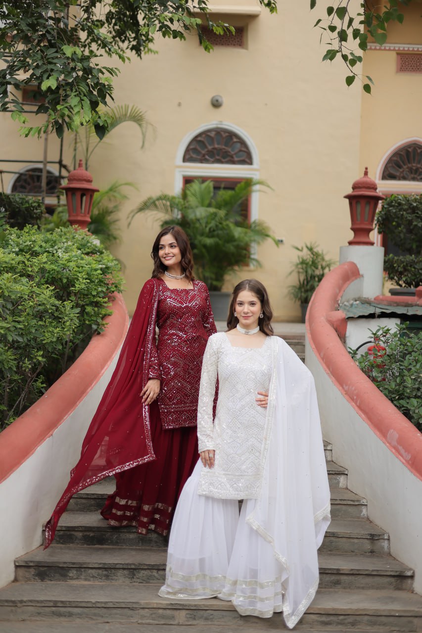 Mesmerizing Faux Georgette Sequins Thread Worked Top Sharara Suit - Ethnicwish