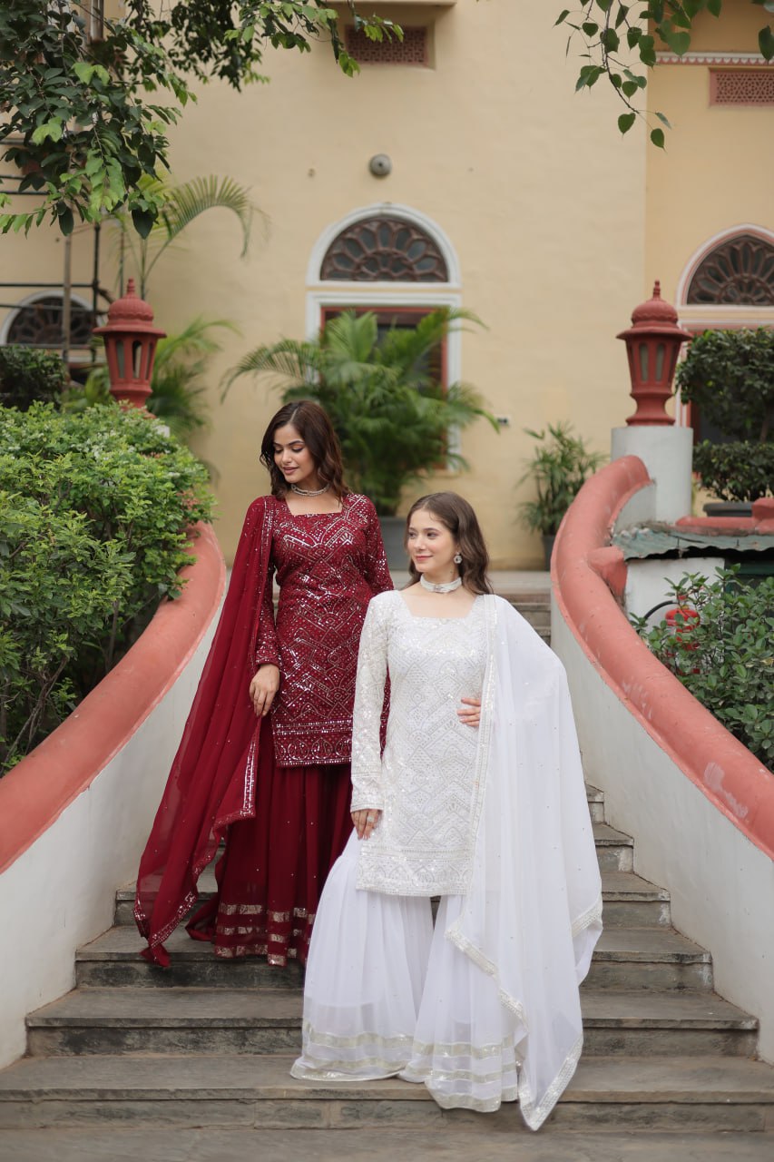 Mesmerizing Faux Georgette Sequins Thread Worked Top Sharara Suit - Ethnicwish