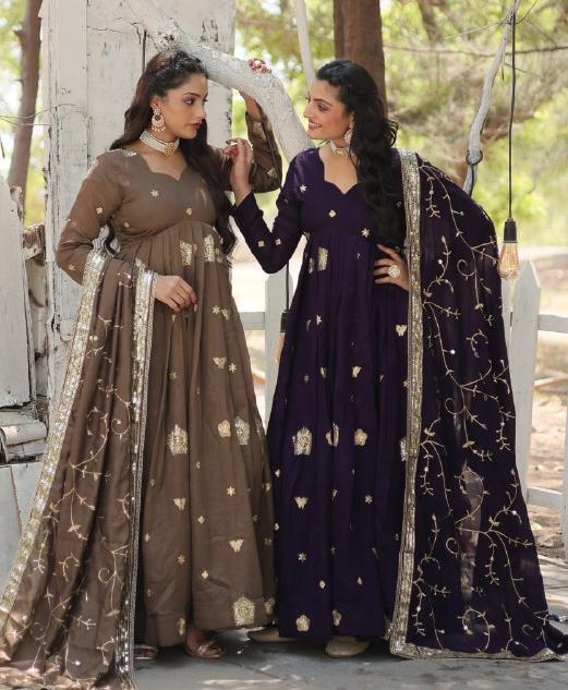 Graceful Rich Sequins Embroidered Fully Stitched Gown With Dupatta - Ethnicwish