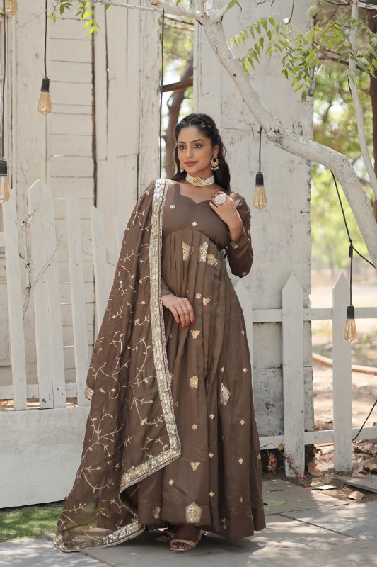 Graceful Rich Sequins Embroidered Fully Stitched Gown With Dupatta - Ethnicwish