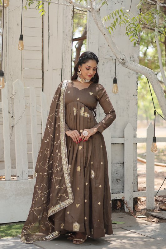 Graceful Rich Sequins Embroidered Fully Stitched Gown With Dupatta - Ethnicwish