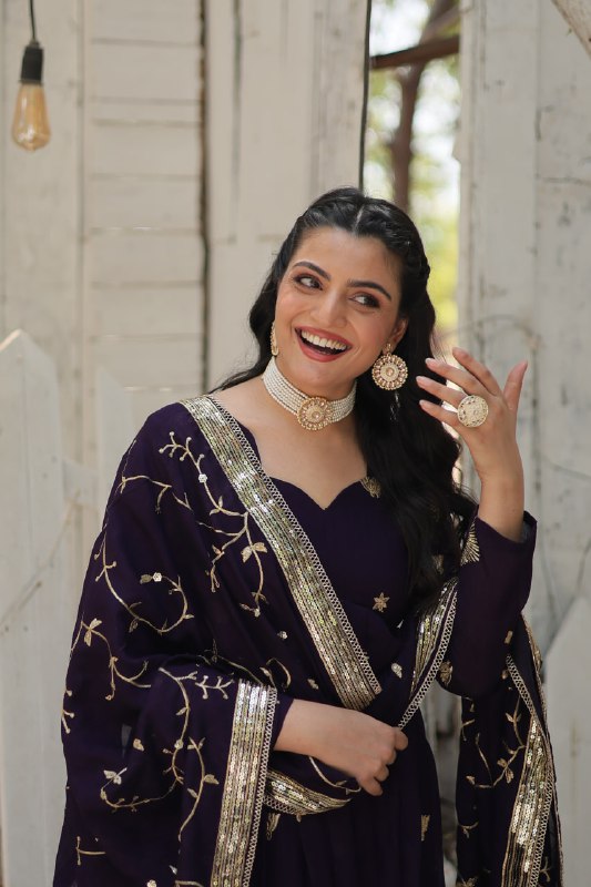 Graceful Rich Sequins Embroidered Fully Stitched Gown With Dupatta - Ethnicwish