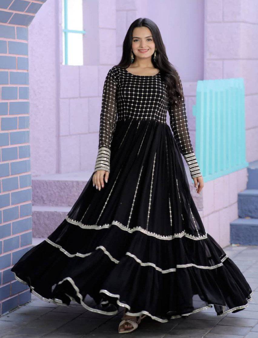 Fetching Faux Georgette Sequins Worked Designer Gown - Ethnicwish