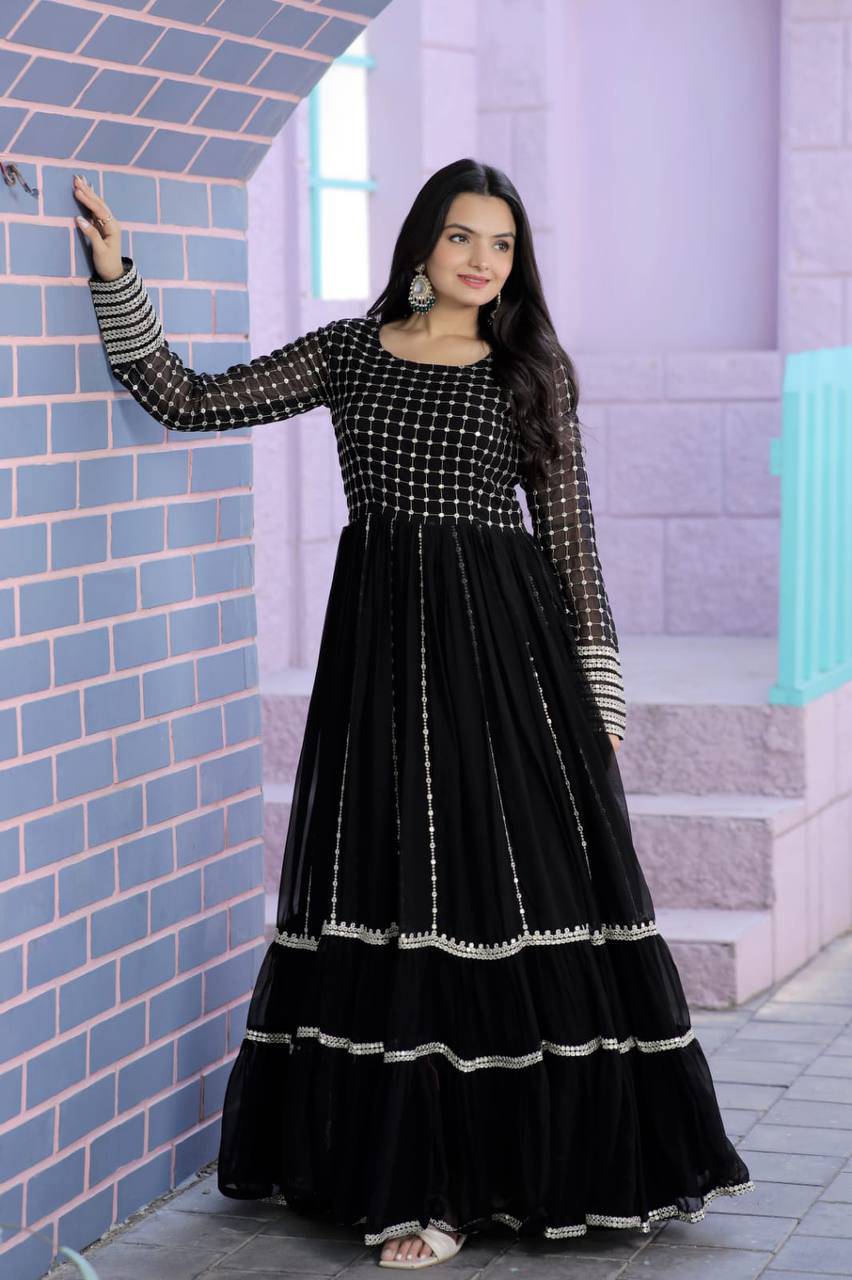 Fetching Faux Georgette Sequins Worked Designer Gown - Ethnicwish