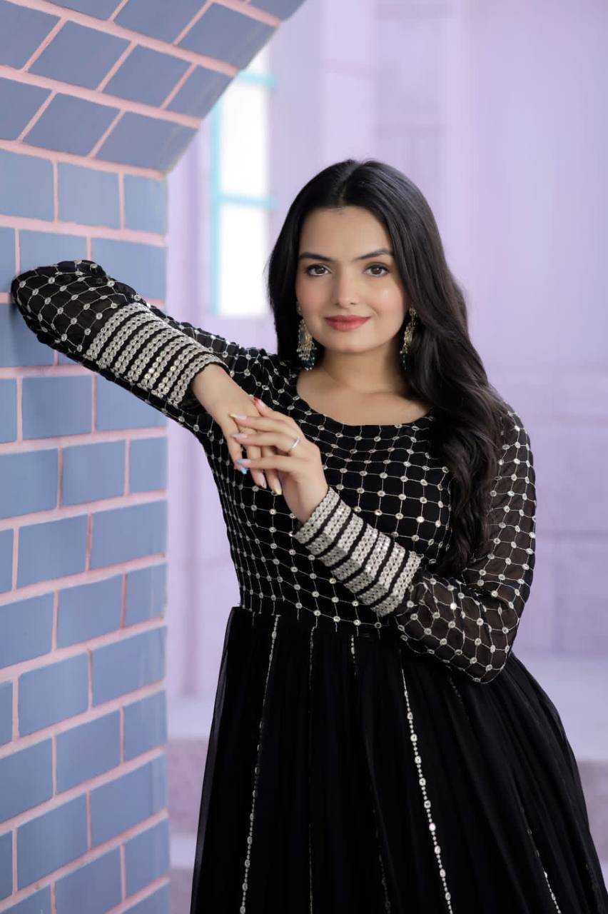 Fetching Faux Georgette Sequins Worked Designer Gown - Ethnicwish