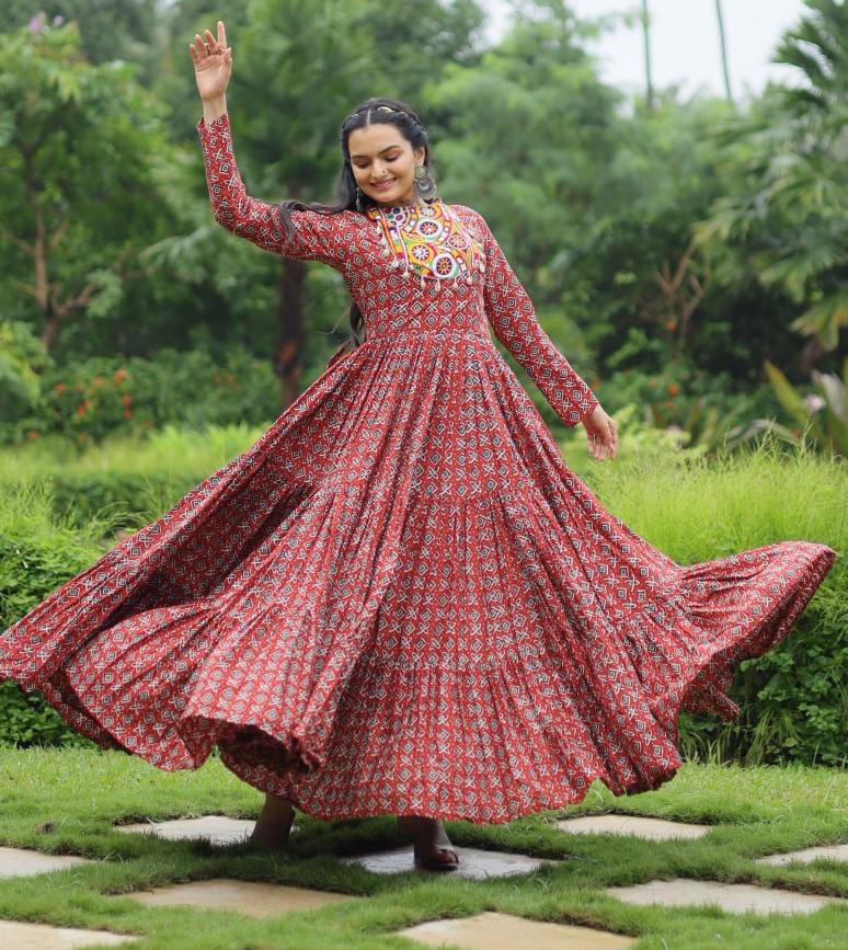 Spectacular Maroon Cotton Navratri Wear Designer Gown - Ethnicwish