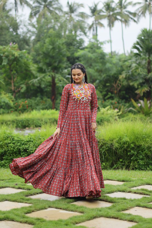 Spectacular Maroon Cotton Navratri Wear Designer Gown - Ethnicwish