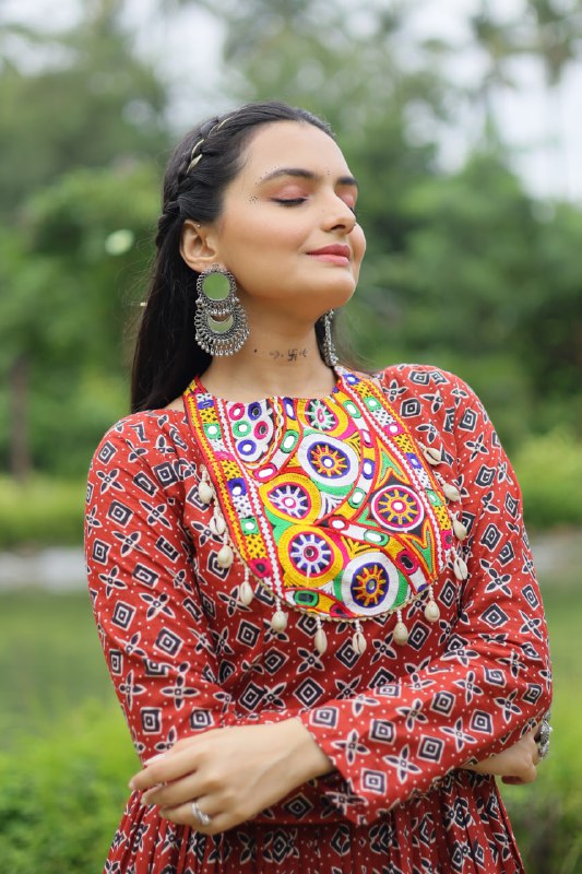 Spectacular Maroon Cotton Navratri Wear Designer Gown - Ethnicwish