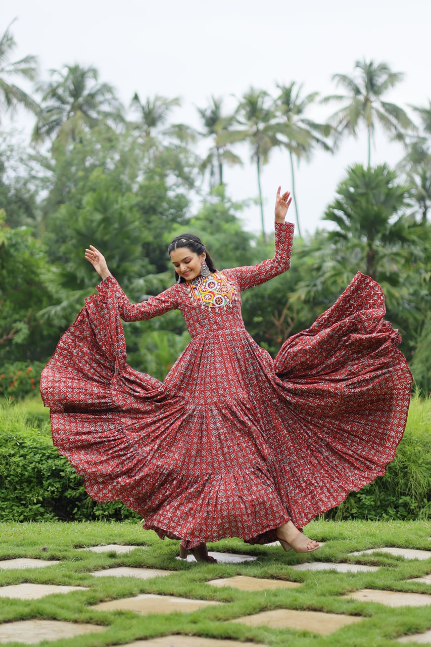 Spectacular Maroon Cotton Navratri Wear Designer Gown - Ethnicwish