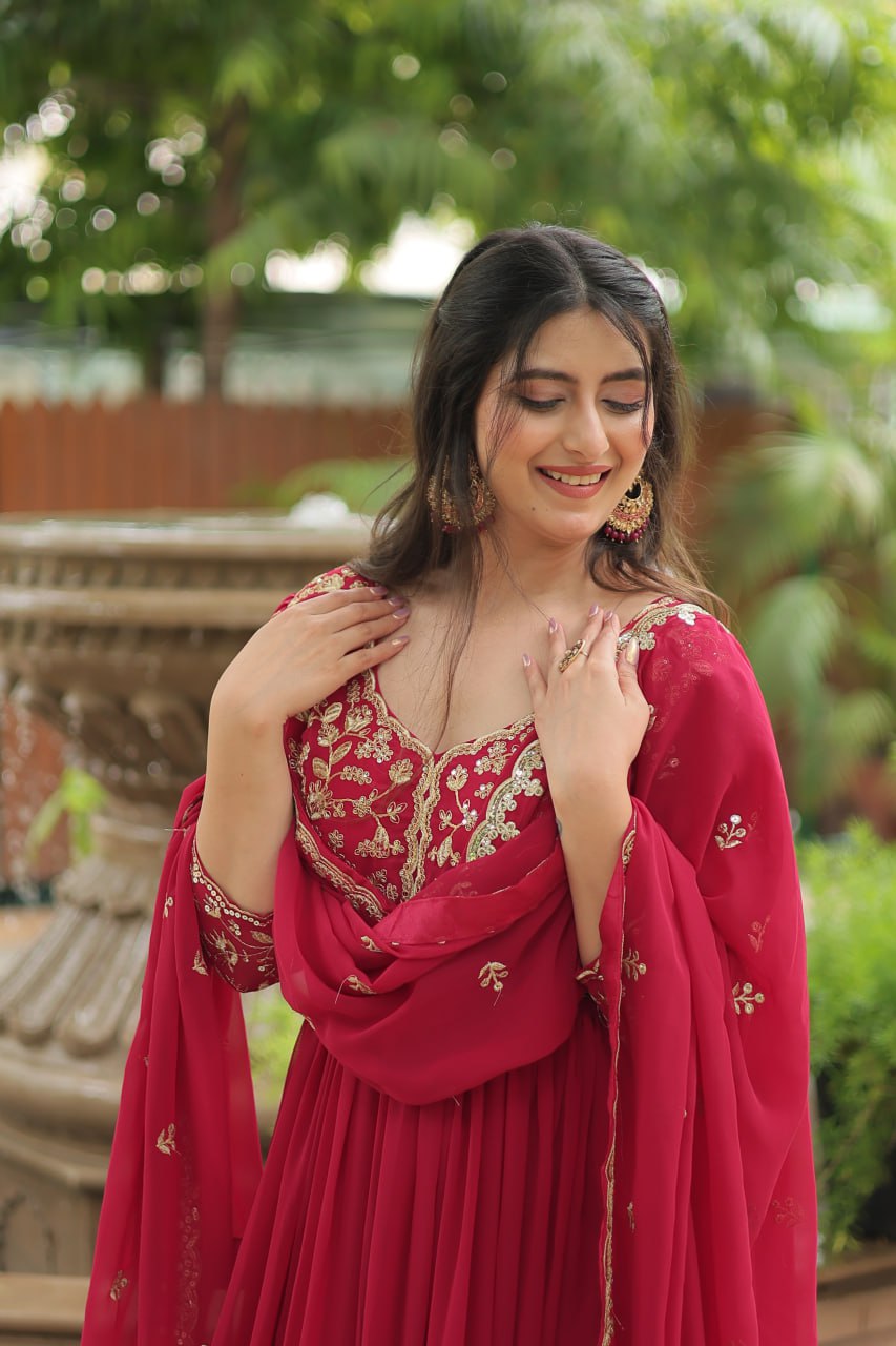 Dashing Pink Faux Georgette Sequins Embroidered Gown With Dupatta - Ethnicwish