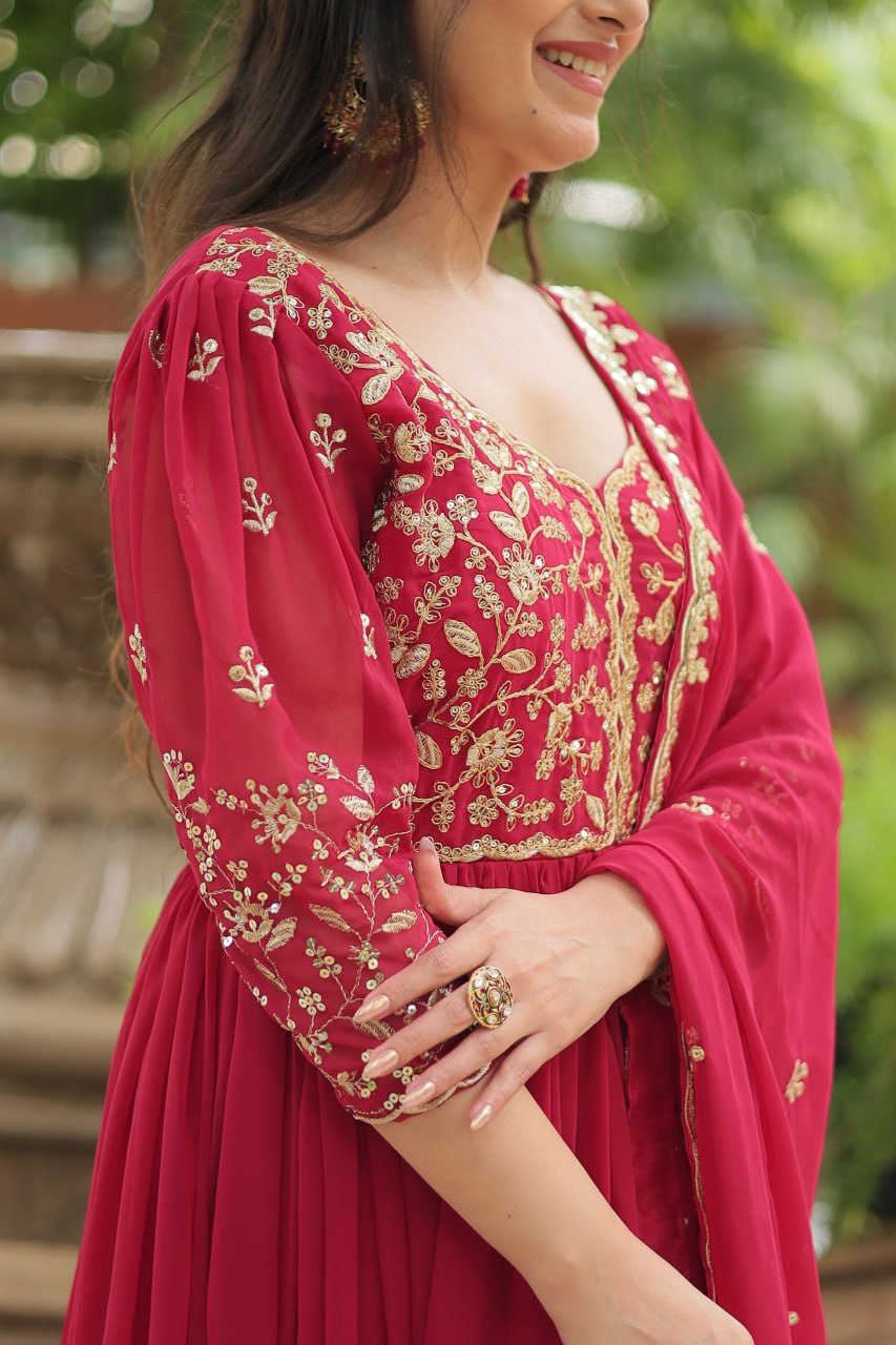 Dashing Pink Faux Georgette Sequins Embroidered Gown With Dupatta - Ethnicwish