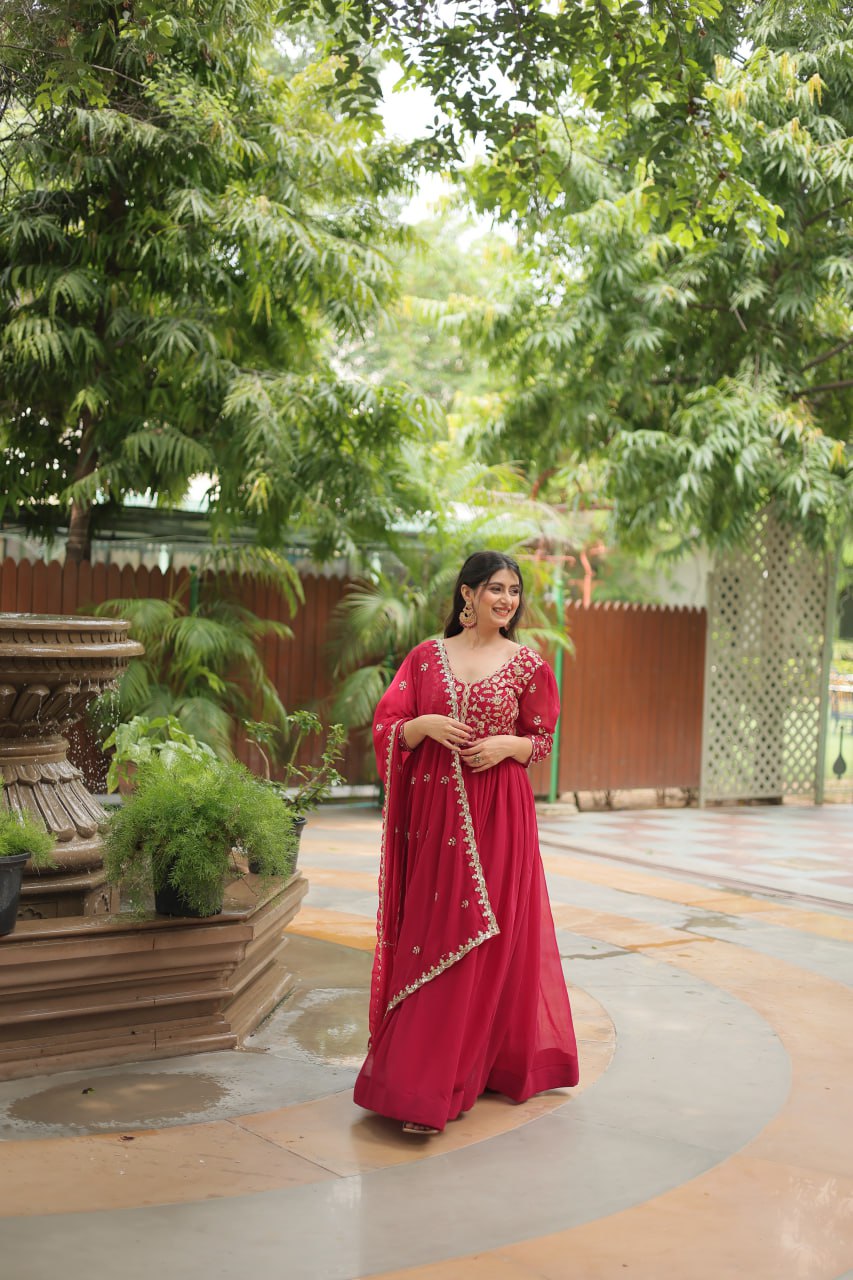 Dashing Pink Faux Georgette Sequins Embroidered Gown With Dupatta - Ethnicwish