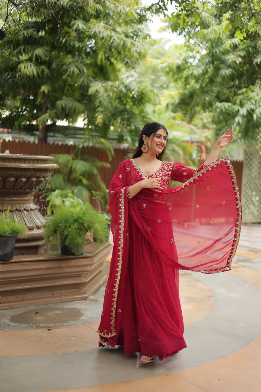 Dashing Pink Faux Georgette Sequins Embroidered Gown With Dupatta - Ethnicwish