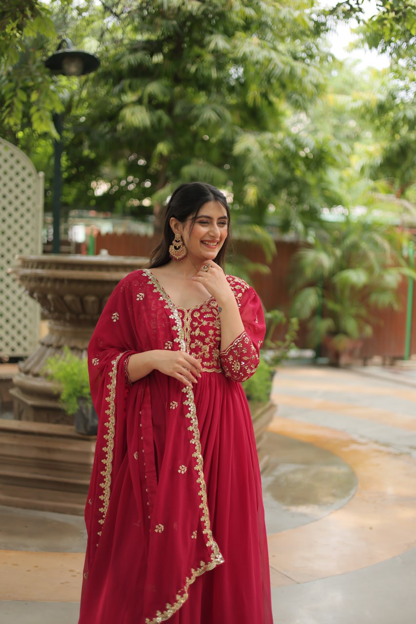 Dashing Pink Faux Georgette Sequins Embroidered Gown With Dupatta - Ethnicwish