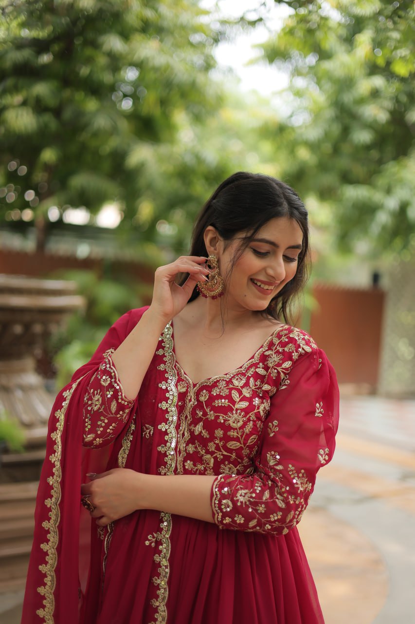 Dashing Pink Faux Georgette Sequins Embroidered Gown With Dupatta - Ethnicwish