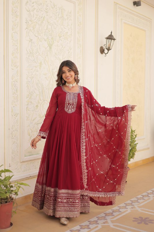 Enchanting Faux Georgette Fully Stitched Designer Gown With Dupatta - Ethnicwish