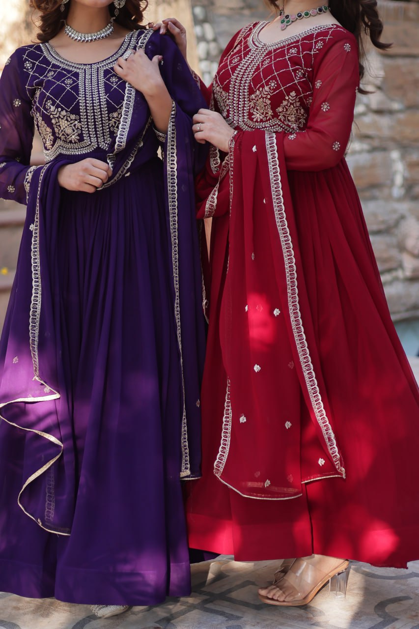 Faux Blooming Gown with Multi-Sequins & Beads Embroidery With Dupatta - ETHNICDEAL