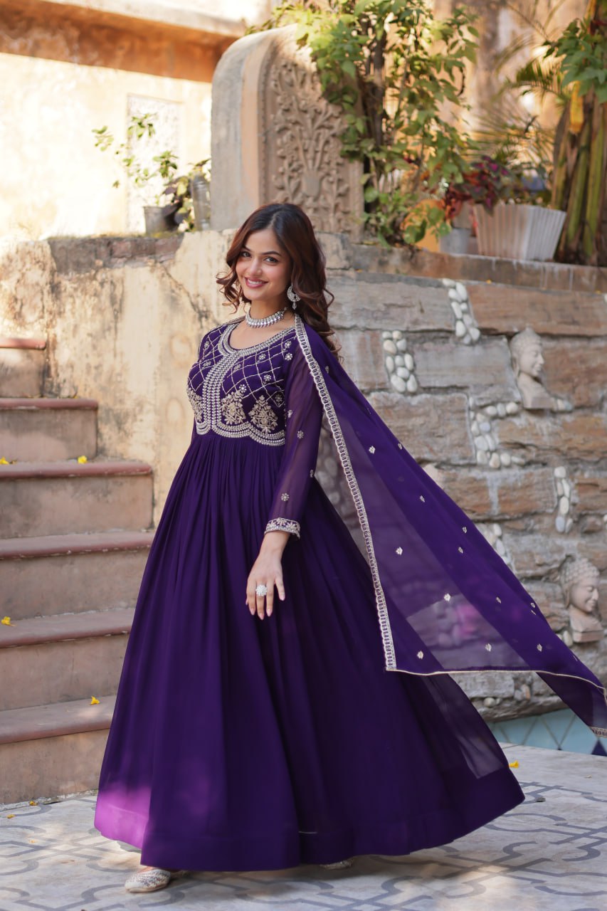 Faux Blooming Gown with Multi-Sequins & Beads Embroidery With Dupatta - ETHNICDEAL