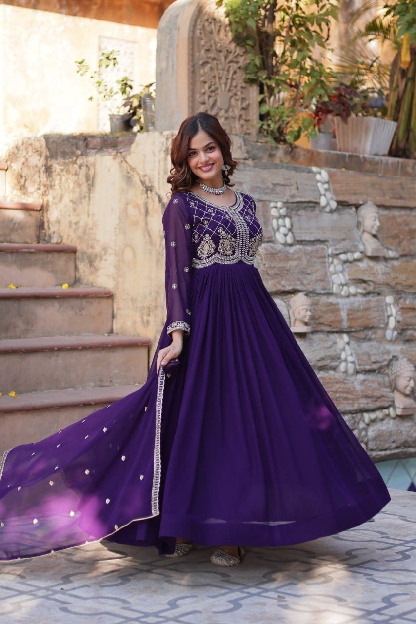 Faux Blooming Gown with Multi-Sequins & Beads Embroidery With Dupatta - ETHNICDEAL