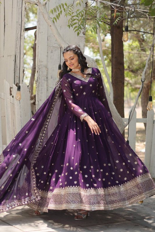 Magnificent Faux Georgette Rich Sequins Worked Designer Gown - Ethnicwish