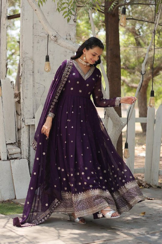 Magnificent Faux Georgette Rich Sequins Worked Designer Gown - Ethnicwish