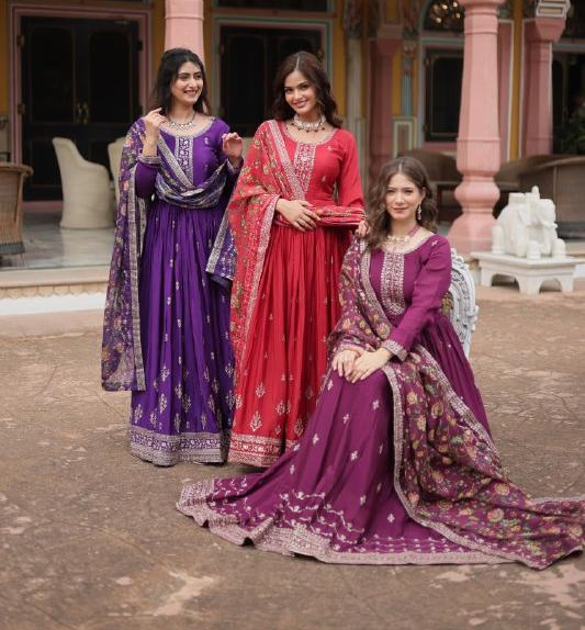 Stylish Chinon Rich Sequins Embroidered Fully Stitched Gown - Ethnicwish