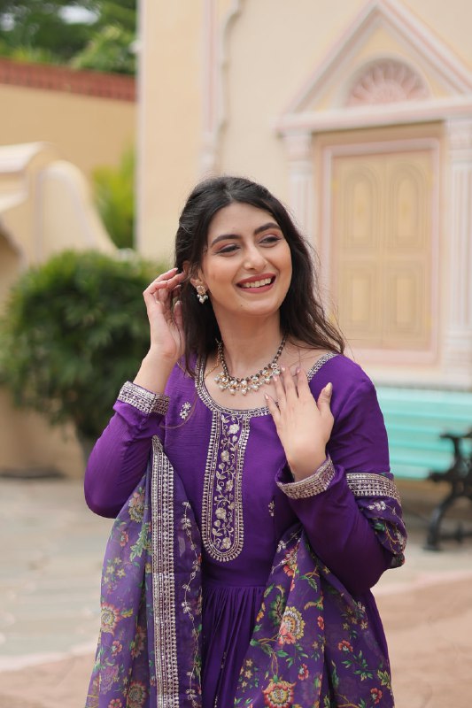 Stylish Chinon Rich Sequins Embroidered Fully Stitched Gown - Ethnicwish